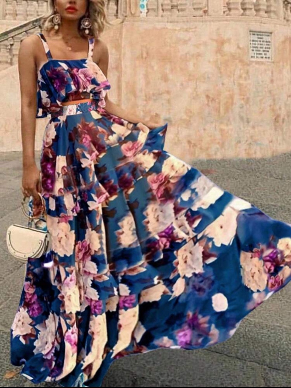 Floral Tiered Maxi Skirt in Navy Blue - Women's Skirt Maxi - Picture 3 of 6